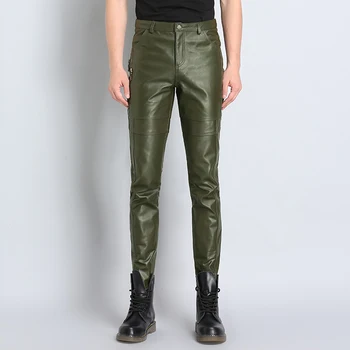 Мужские брюки из натуральной кожи, натуральная кожа, овчина, мотоциклетные повседневные мужские брюки, черные, зеленые, обтягивающие брюки, Большие размеры