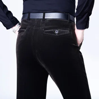 Мужские Вельветовые повседневные брюки 2023, Новые осенне-зимние флисовые брюки с высокой талией, эластичные Модные деловые Длинные брюки Большого размера