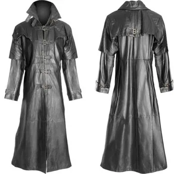 Мужские Кожаные куртки в готическом стиле, Длинное Пальто из искусственной кожи, однотонное пальто, Куртка из искусственной кожи, Куртка Jaqueta De Couro Masculino, Большие Размеры
