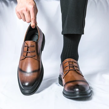 Мужские туфли-дерби из натуральной кожи, черные, коричневые, деловые, с круглым носком, на шнуровке, мужские официальные туфли, Бесплатная доставка, Размер 38-45, мужская обувь