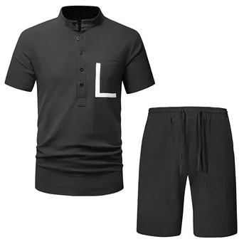 Мужской комплект из 2 предметов черного цвета, летние шорты, комплект из 100% хлопка, льняная рубашка + шорты, костюм, пляжная одежда, модная одежда