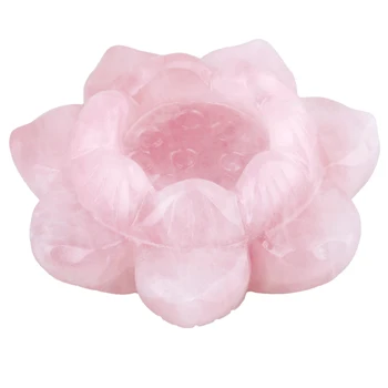 Натуральный Розовый кварц Резной Драгоценный камень Цветок Лотоса Хрустальный шар Подставка Подсвечник