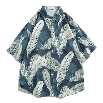 Негабаритные Мужские Рубашки с Коротким рукавом, Летняя Гавайская Рубашка с Принтом листьев, Винтажные Топы, Хлопковая Повседневная Одежда M-3XL Camisas De Hombre