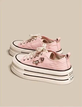 Новые женские розовые парусиновые туфли на толстой подошве, весенне-летние туфли на платформе, Маленькие ароматные туфли Феи Ветра, Маленькие белые туфли