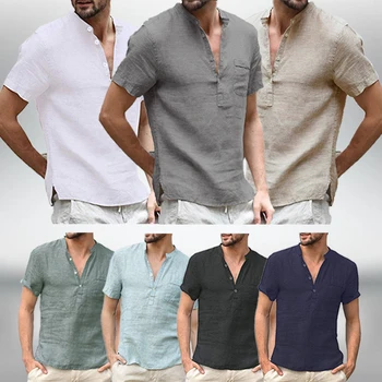 Новые хлопчатобумажные льняные повседневные рубашки для мужчин, базовая Классическая Белая рубашка, Мужские рубашки с коротким рукавом и воротником-стойкой, дышащие мужские рубашки