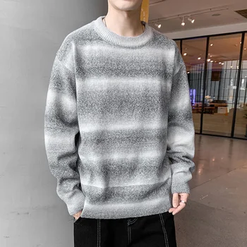 Новый мужской Свитер, пуловер с круглым вырезом, нижняя рубашка, вязаный топ в градиентную полоску с цветными блоками