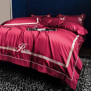 Новый стиль, высококачественный Комплект постельного белья из чистого хлопка с простой вышивкой, Пододеяльник из четырех частей, Простыня, наволочка, красный