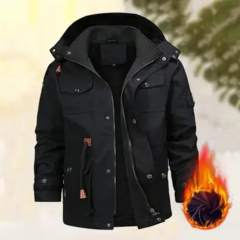 Однотонное мужское пальто Зимняя мужская куртка со съемным капюшоном на флисовой подкладке С множеством карманов Стильное пальто с воротником-стойкой для холода