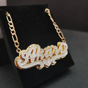 Ожерелье с пользовательским именем, цепочка Фигаро из нержавеющей стали, Персонализированное имя с сердцем, 3D двойное подвесное ожерелье для женщин, подарки