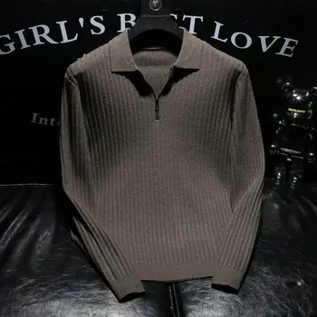 Осенне-зимняя Мужская рубашка поло с длинным рукавом в полоску на молнии, Модные вязаные свитера Soild для мужчин, Теплые Пуловеры, Трикотаж A300