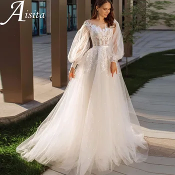 Очаровательное прозрачное Свадебное платье с круглым вырезом, Кружевные аппликации, Длинные пышные рукава, Свадебное платье с иллюзией спинки, Vestidos De Novia