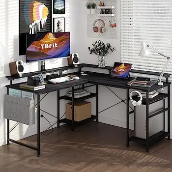 Письменный стол в форме, Реверсивный угловой Компьютерный стол с розеткой и светодиодной лентой, Игровой компьютерный стол с подставкой для монитора и ящиком для хранения