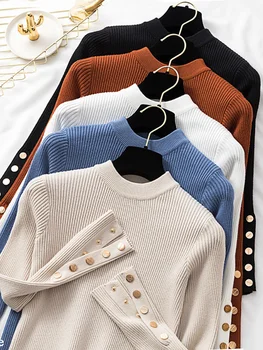 повседневный осенне-зимний женский толстый свитер, пуловеры, шикарный свитер с длинным рукавом и круглым вырезом на пуговицах, женский тонкий вязаный топ, мягкий джемпер, топы