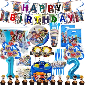 Принадлежности для вечеринки в честь Дня рождения Beyblade, тарелки, Чашки, Соломинки, баннер, Топпер для торта, Воздушные шары, мультяшные украшения для мальчиков и девочек
