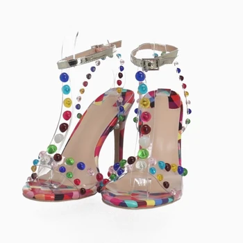 Разноцветные Туфли-лодочки на шнуровке с бусинами, Женская Обувь с открытым Носком из ПВХ с ремешком и пряжкой, Туфли на высоком Каблуке-шпильке, Мода 2023, Zapatillas Mujer