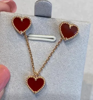 Роскошный ювелирный набор из стерлингового серебра 925 пробы марки V-A, натуральный красный агат, серьги-гвоздики в форме сердца, ожерелье, браслет для женщин