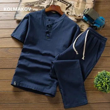 (Рубашка + брюки) летняя мужская рубашка в китайском стиле, хлопковые и льняные рубашки, мужские высококачественные повседневные рубашки из двух частей M-5XL