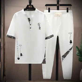 (Рубашка + брюки) летняя мужская рубашка с коротким рукавом и принтом, мужские повседневные рубашки с эластичной резинкой на талии, мужской костюм-двойка, размер M-4XL