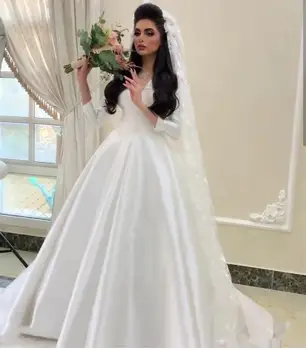 Свадебное платье 2021, Атласное Сексуальное Свадебное платье с длинным рукавом и V-образным вырезом, Роскошный Шлейф, Саудовская Аравия, Дубай, Великолепное Платье с открытыми плечами, Сшитое на заказ