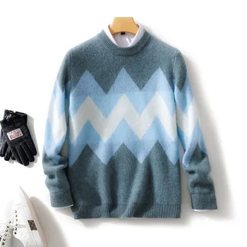 Свитер из 100% мериносовой чистой шерсти, Мужской пуловер с круглым вырезом, Осенне-зимний новый трикотаж, модный мужской свитер в стиле ретро
