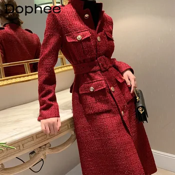 Темпераментное красное твидовое пальто, женский костюм, воротник, Карманы, пояс, талия, Длинное шерстяное пальто в клетку, офисное женское пальто 2022, осенне-зимний тренч, пальто