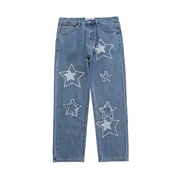 Хип-хоп Звезды Вышивка Ретро Выстиранные Джинсовые брюки для Мужчин Прямые Оверсайз Черные Синие Рваные Повседневные джинсовые брюки