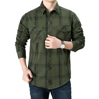 Хлопковая рубашка в клетку с длинным рукавом, мужская деловая повседневная верхняя рубашка, Весна-Осень, Военная тактическая куртка, Брендовая высококачественная блузка
