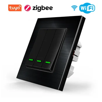 Черный Tuya Smart WiFi/Zigbee, кнопочный переключатель с нейтральным проводом, Дополнительно 1/2/3 Банды, ЕС, Умные Беспроводные Домашние Настенные Выключатели света