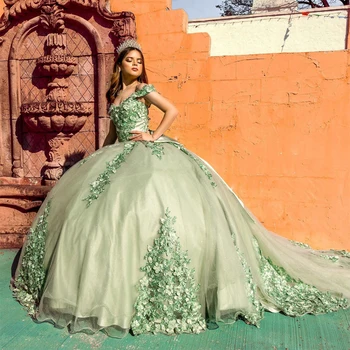 Шалфейно-Зеленое Бальное Платье, Зеленые Пышные Платья Принцессы с 3D Цветочным Кружевом, Vestidos De 15 Anos, Платье На День Рождения, Vestidos Para Mujer
