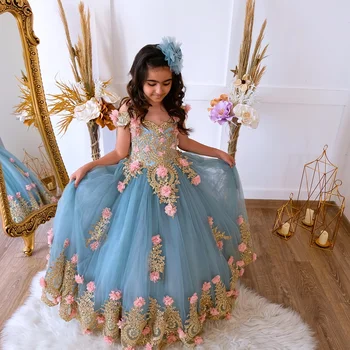 Элегантное Голубое Пышное платье для маленьких девочек с цветочной аппликацией и открытыми плечами, детское бальное платье для малышей, Детские праздничные платья