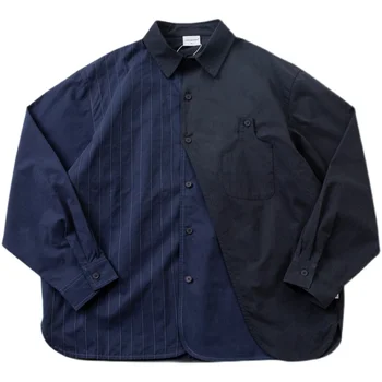 Японский Свободный стиль, сшитая из двух частей темно-синяя куртка с длинным рукавом, мужская модная хлопковая весенне-осенняя рубашка, пальто