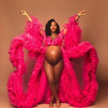 Ярко-Розовое Женское платье для беременных для фотосессии, Тюлевые халаты с оборками, Халаты, Пижамы, Платье для выпускного Вечера, Индивидуальный Детский душ для фотосъемки